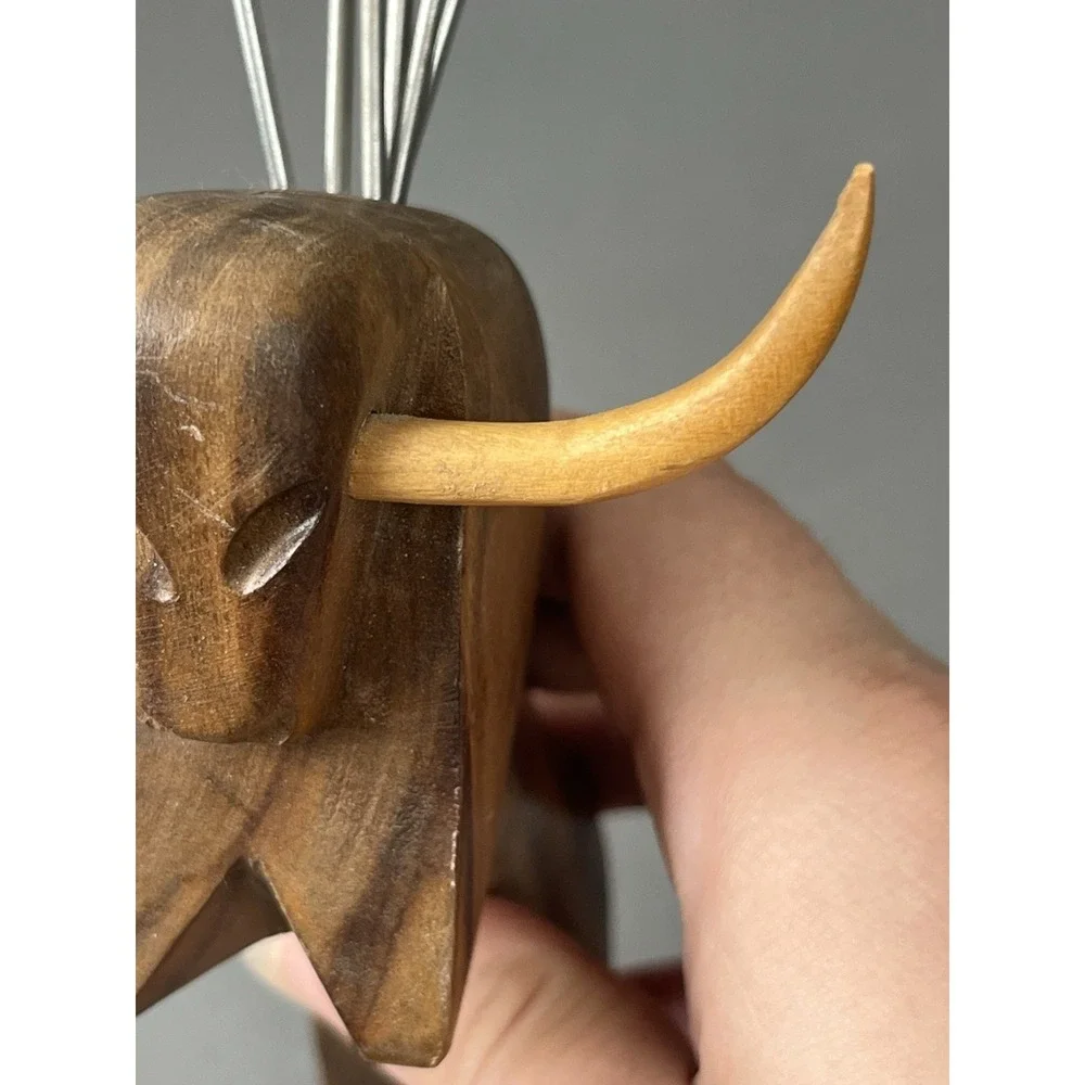 Vintage MCM Oliv-Art Olive Wood Bull Taureau 6 Appetizer Cocktail Skewers Forks